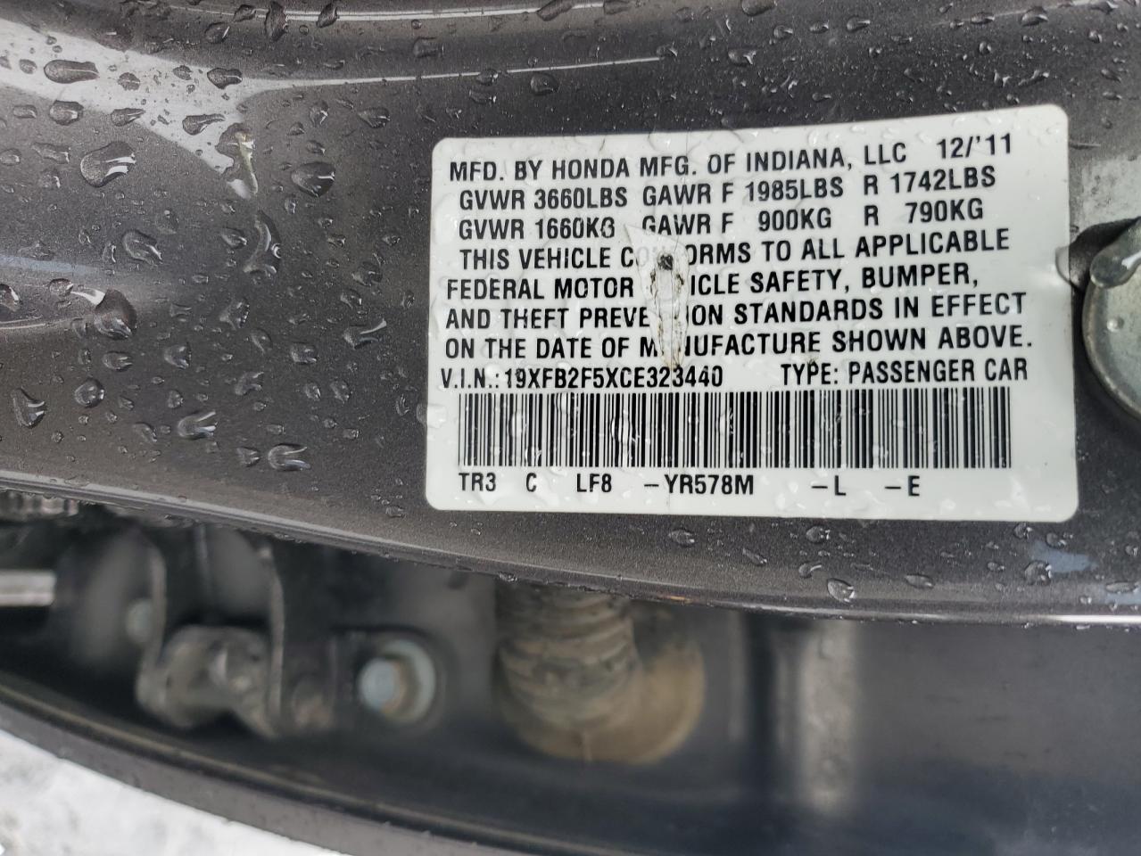 2012 Honda Civic VIN 19XFB2F5XCE323440 Copart auction photo, front end damage thumbnail 12