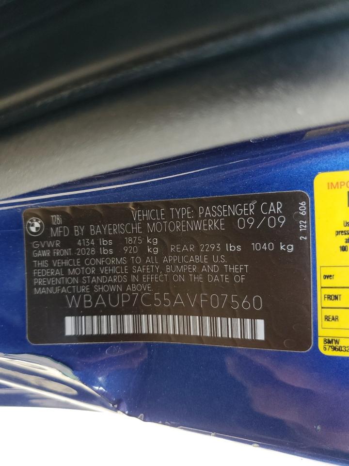 2010 BMW 1er VIN WBAUP7C55AVF07560 Copart auction photo, all over damage thumbnail 12