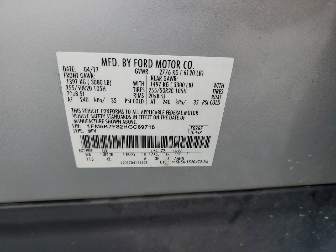 2017 Ford Explorer VIN 1FM5K7F82HGC69718 Copart auction photo, front end damage thumbnail 13