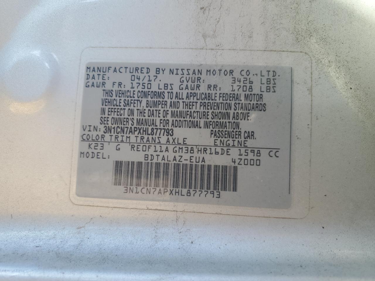 2017 Nissan Versa VIN 3N1CN7APXHL877793 Copart auction photo, rear end / minor dent/scratches damage thumbnail 12
