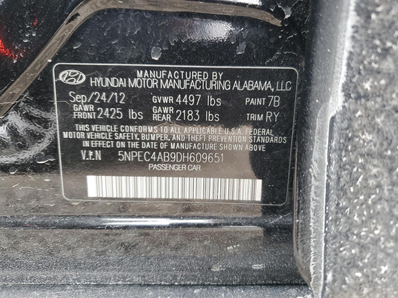 2013 Hyundai Sonata VIN 5NPEC4AB9DH609651 Copart auction photo, normal wear damage thumbnail 12