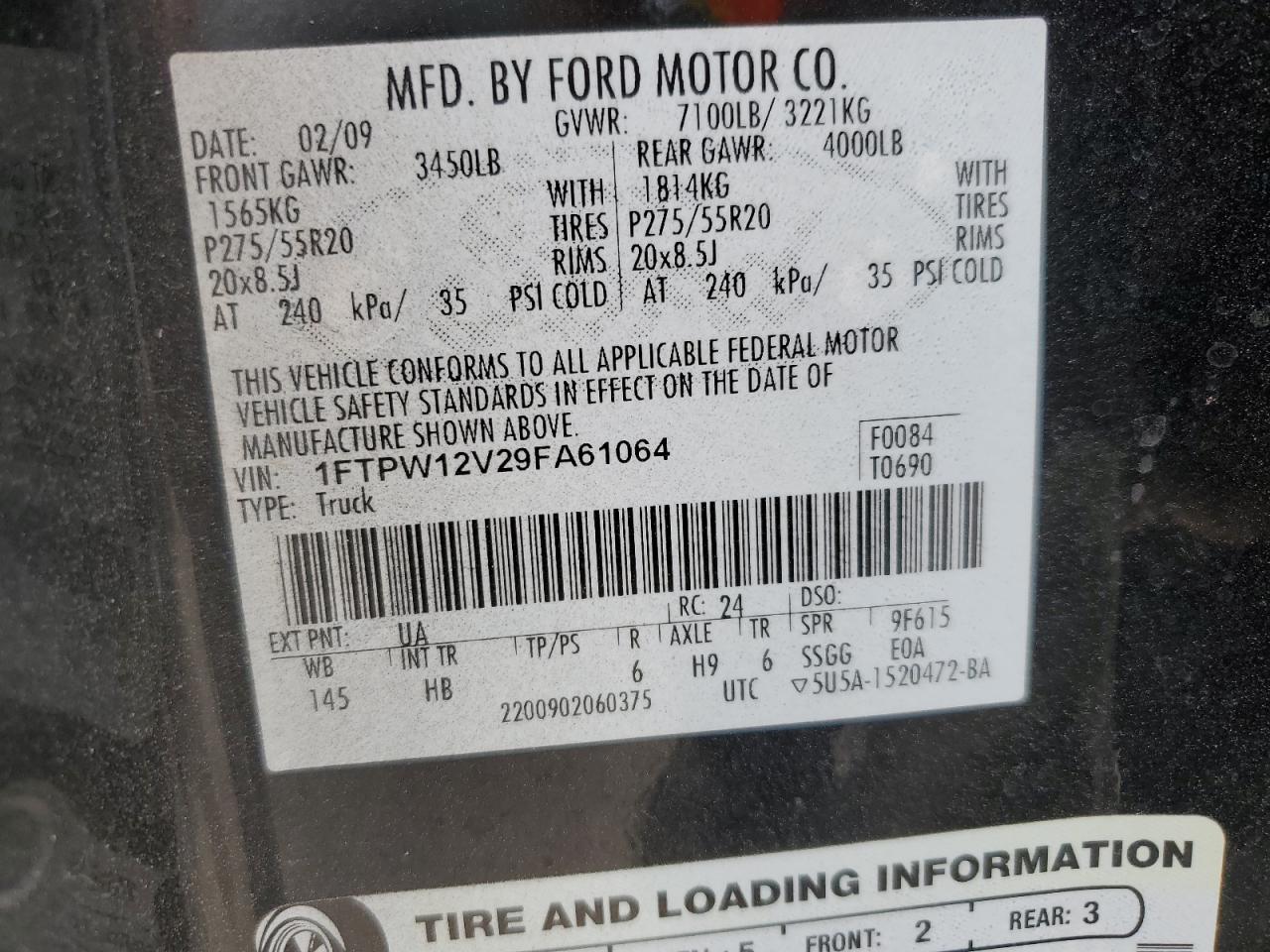 2009 Ford F-150 VIN 1FTPW12V29FA61064 Copart auction photo, rear end damage thumbnail 12