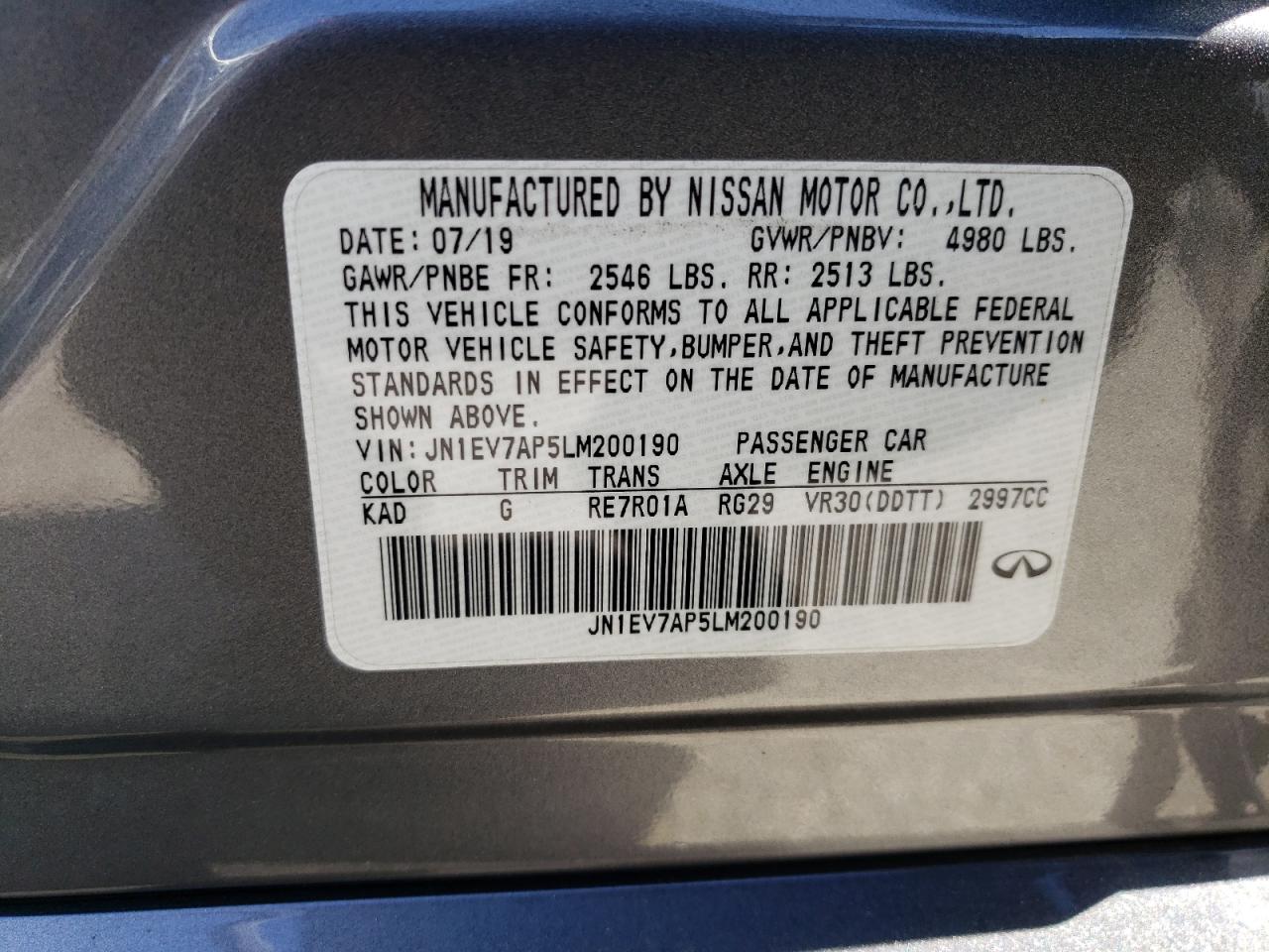 2020 Infiniti Q50 VIN JN1EV7AP5LM200190 Copart auction photo, side damage thumbnail 14