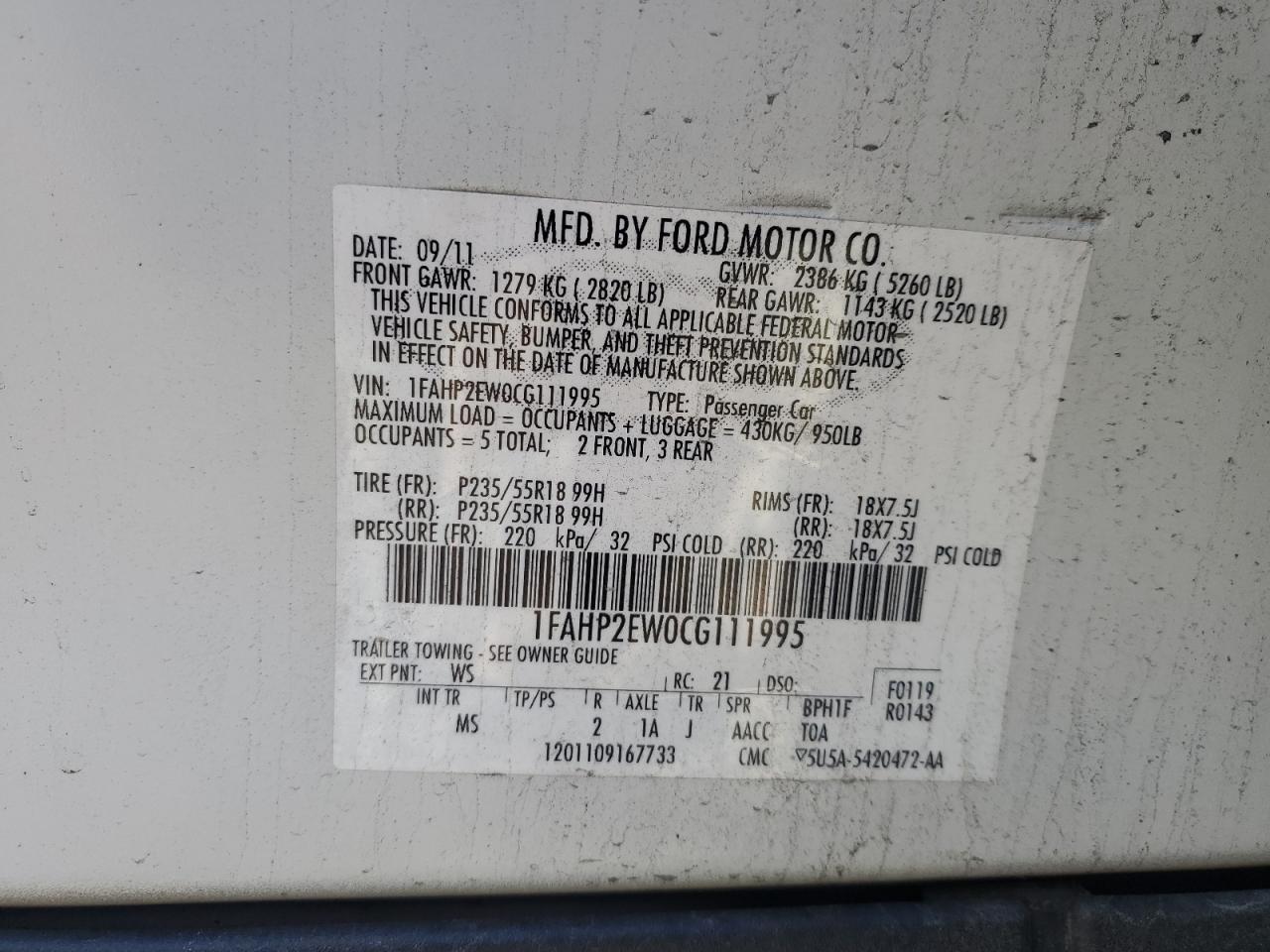 2012 Ford Taurus VIN 1FAHP2EW0CG111995 Copart auction photo, front end / undercarriage damage thumbnail 12