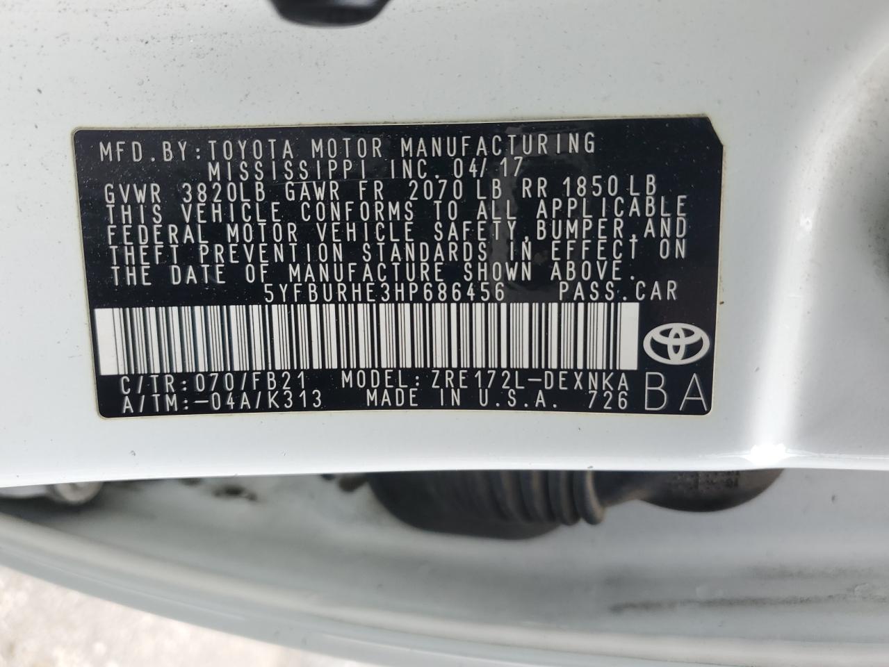 2017 Toyota Corolla VIN 5YFBURHE3HP686456 Copart auction photo, undercarriage / rear end damage thumbnail 13