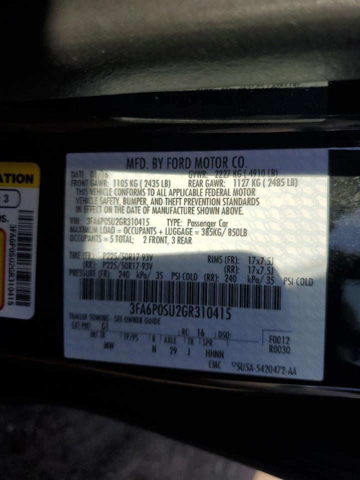 2016 Ford Fusion VIN 3FA6P0SU2GR310415 Copart auction photo, rear end damage thumbnail 12