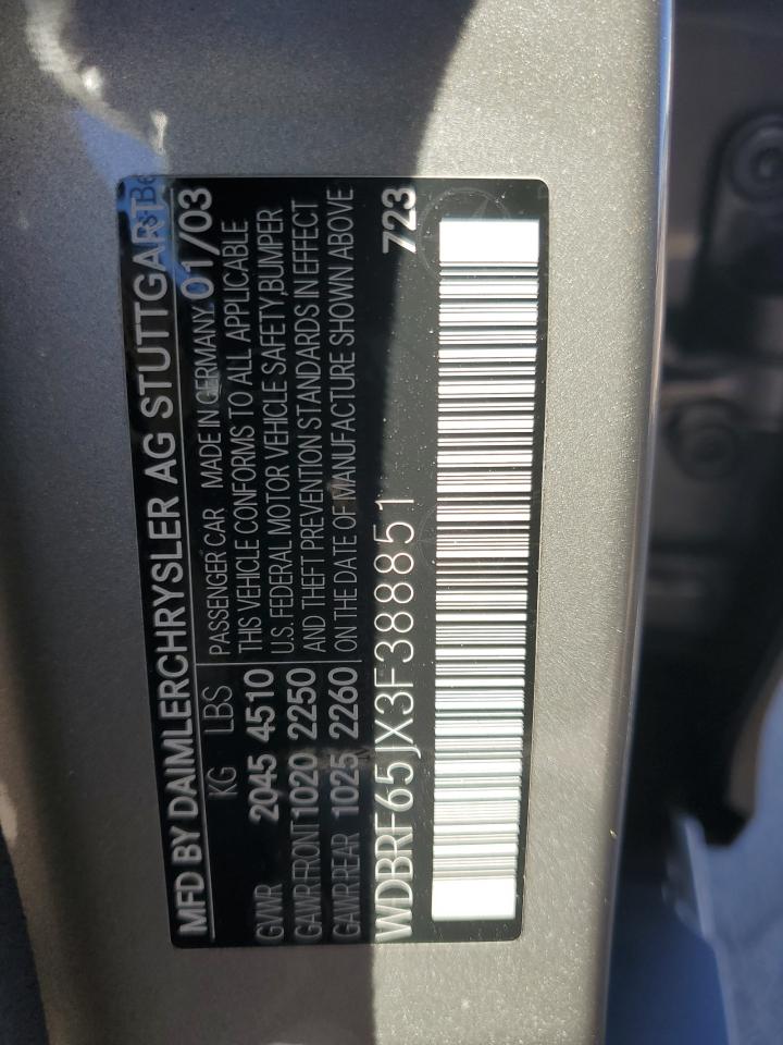 2003 Mercedes-Benz C-klasse VIN WDBRF65JX3F388851 Copart auction photo, front end damage thumbnail 12
