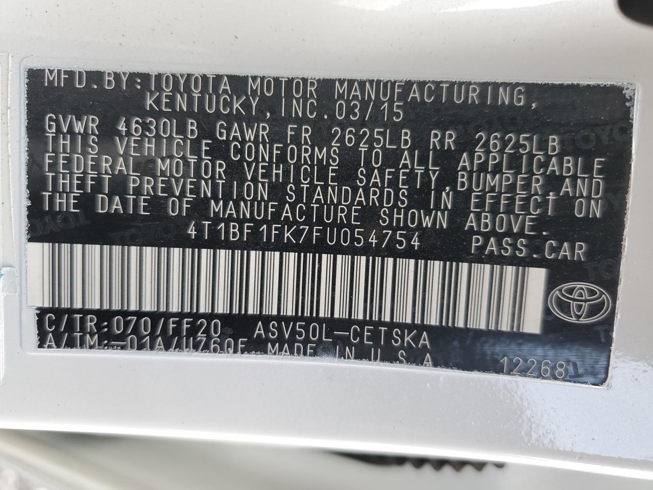 2015 Toyota Camry VIN 4T1BF1FK7FU054754 Copart auction photo, rear end damage thumbnail 13