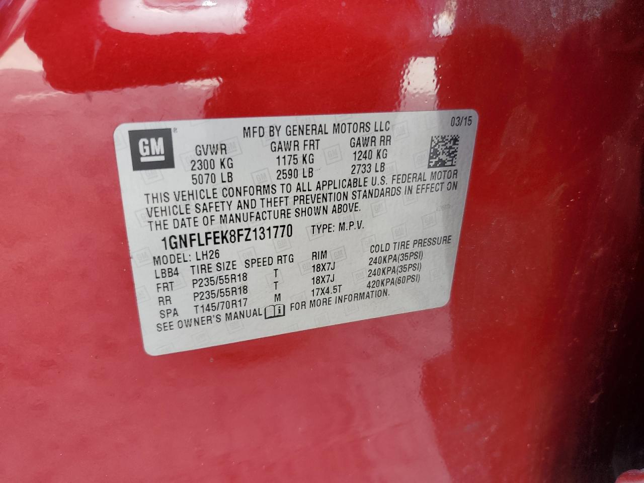 2015 Chevrolet Equinox VIN 1GNFLFEK8FZ131770 Copart auction photo, water/flood damage thumbnail 13