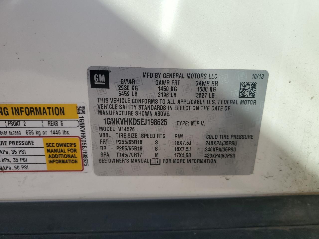2014 Chevrolet Traverse VIN 1GNKVHKD5EJ198625 Copart auction photo, front end / side damage thumbnail 13