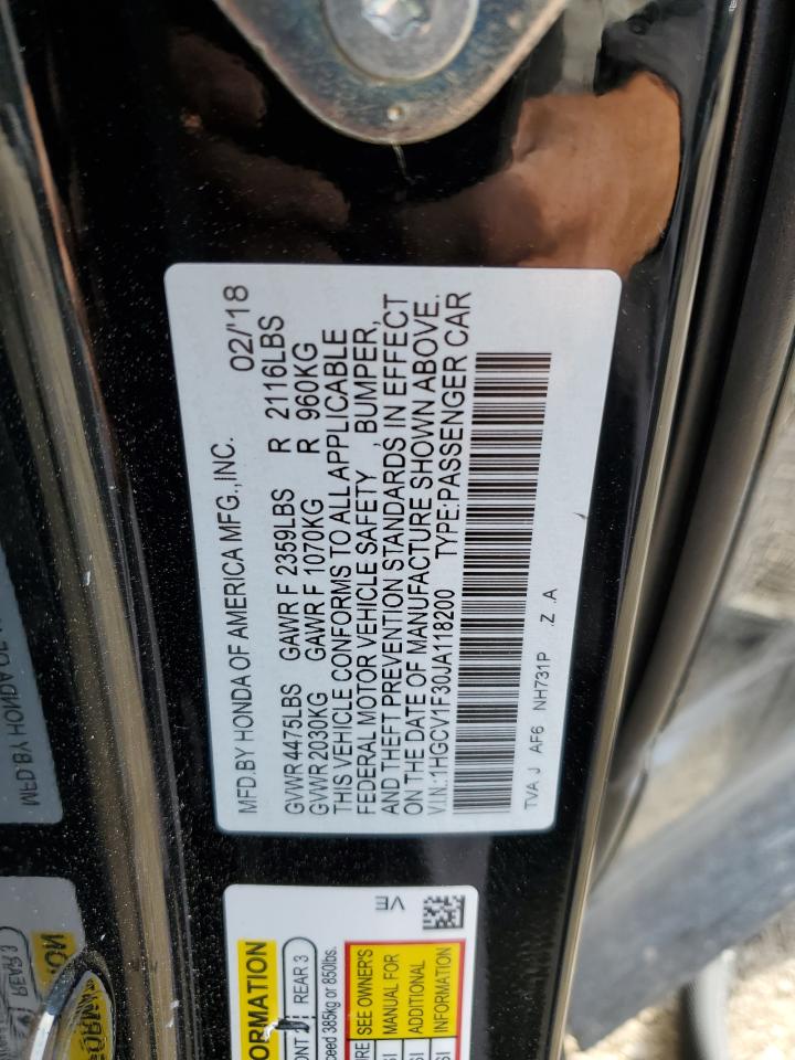 2018 Honda Accord VIN 1HGCV1F30JA118200 Copart auction photo, water/flood / all over damage thumbnail 14