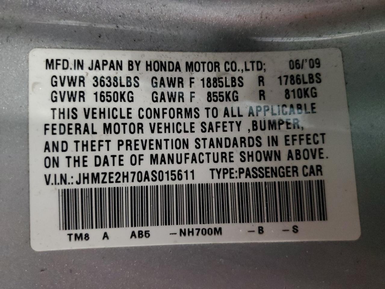 2010 Honda Insight VIN JHMZE2H70AS015611 Copart auction photo, front end / side damage thumbnail 12