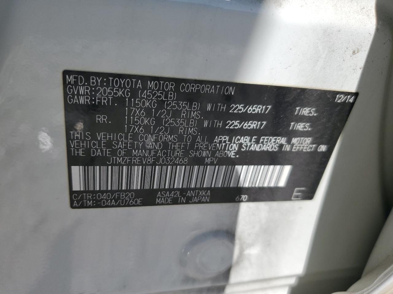 2015 Toyota RAV 4 VIN JTMZFREV8FJ032468 Copart auction photo, front end damage thumbnail 13