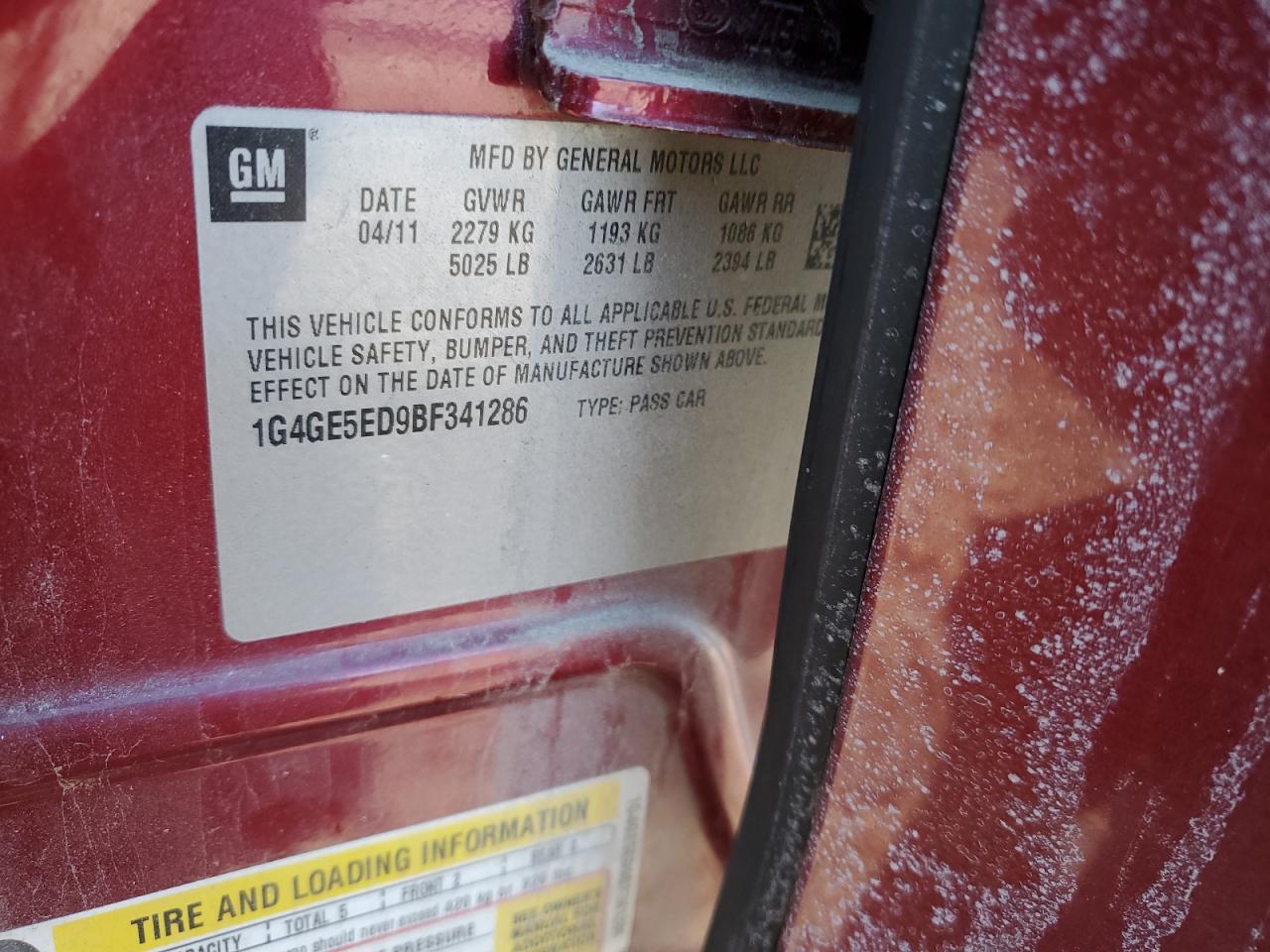 2011 Buick LaCrosse VIN 1G4GE5ED9BF341286 Copart auction photo, front end damage thumbnail 12