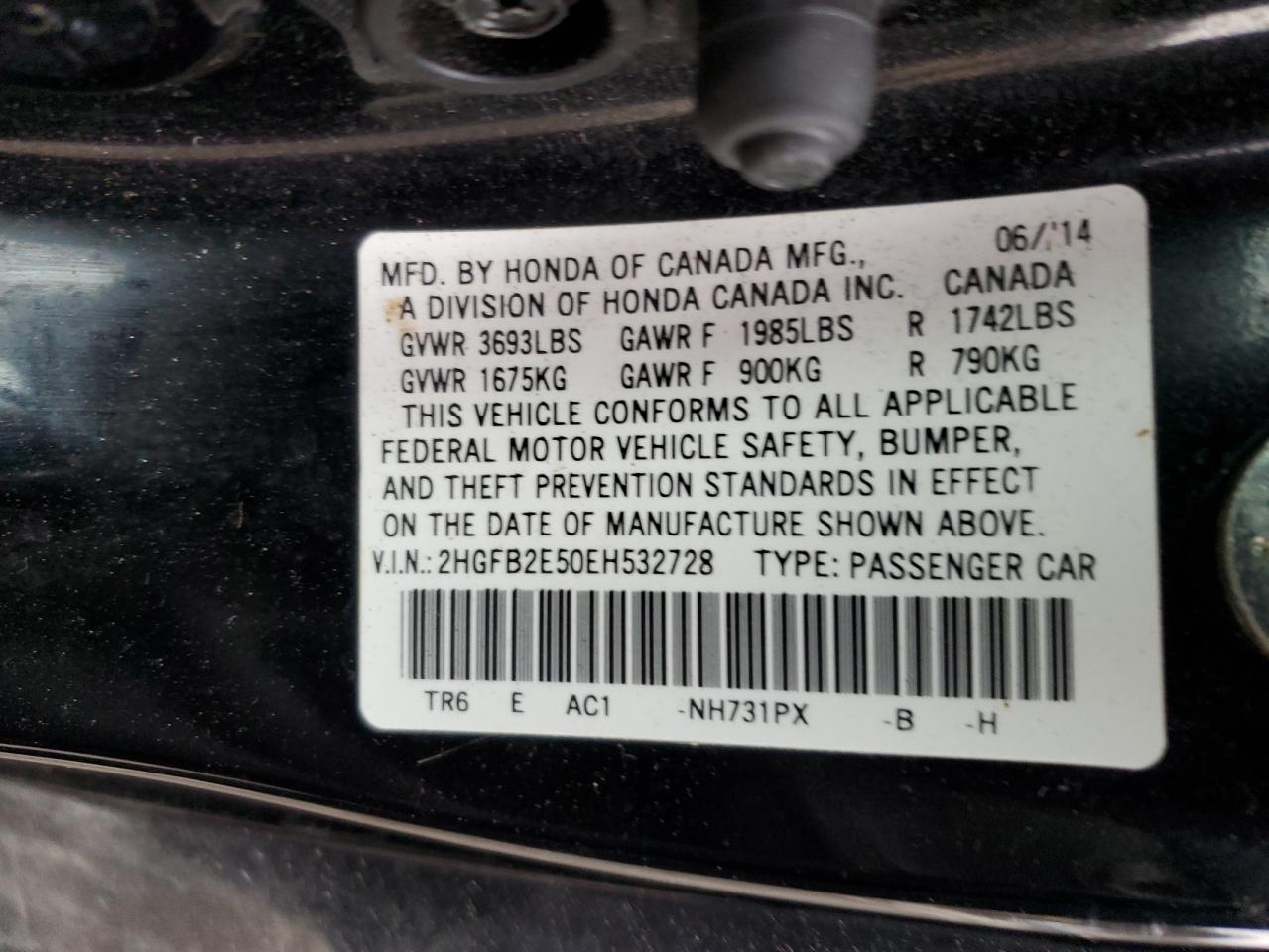 2014 Honda Civic VIN 2HGFB2E50EH532728 Copart auction photo, front end damage thumbnail 14