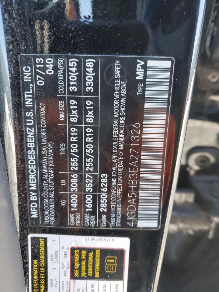 2014 Mercedes-Benz M-klasse VIN 4JGDA5HB3EA271326 Copart auction photo, top/roof damage thumbnail 13