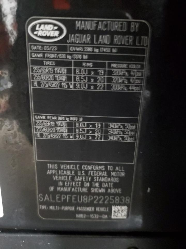 2023 Land Rover Defender VIN SALEPFEU8P2225838 Copart auction photo, front end damage thumbnail 14