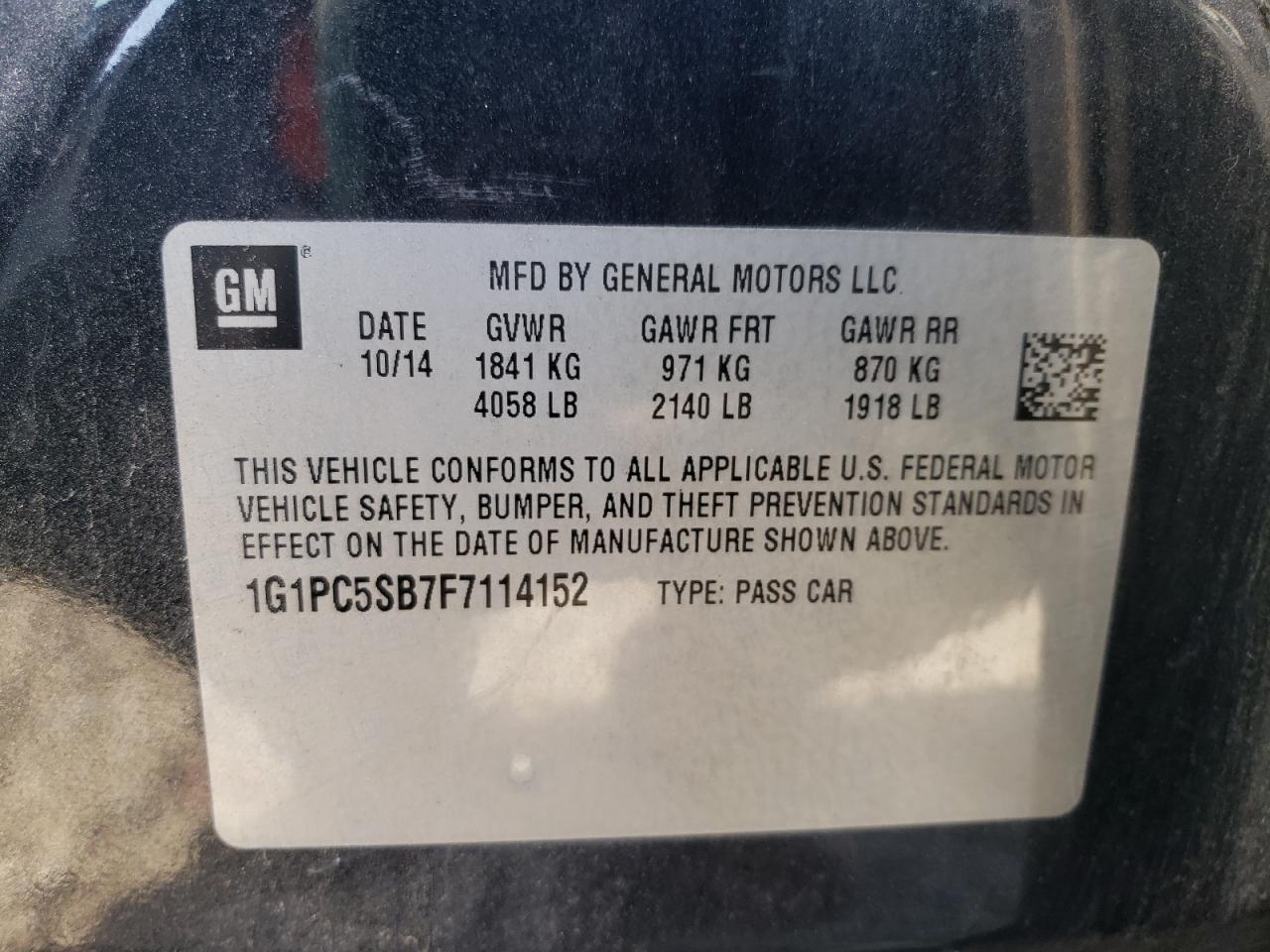 2015 Chevrolet Cruze VIN 1G1PC5SB7F7114152 Copart auction photo, rear end damage thumbnail 12