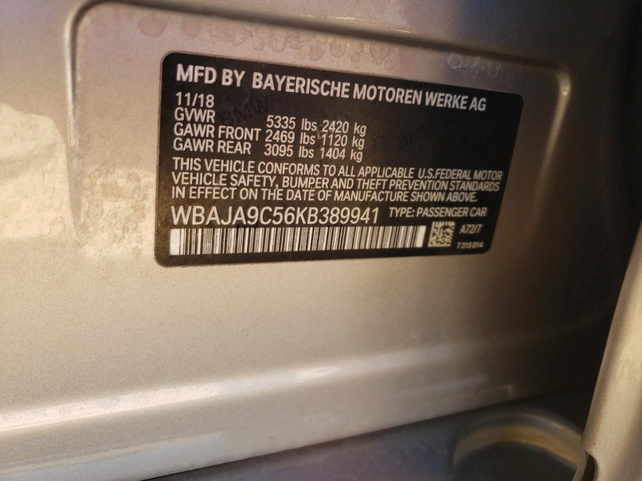 2019 BMW 5er VIN WBAJA9C56KB389941 Copart auction photo, rear end / front end damage thumbnail 14