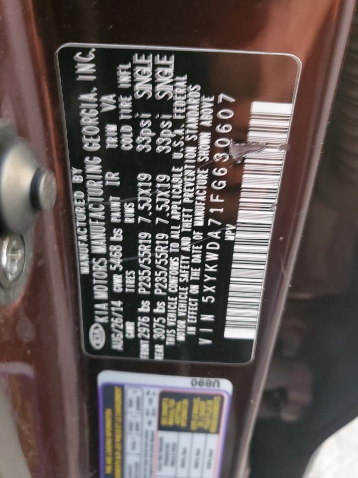 2015 KIA Sorento VIN 5XYKWDA71FG630607 Copart auction photo, side / front end damage thumbnail 15