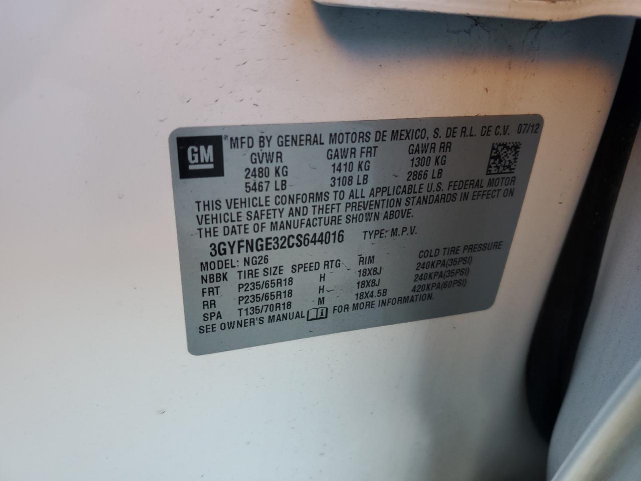 2012 Cadillac SRX VIN 3GYFNGE32CS644016 Copart auction photo, front end / minor dent/scratches damage thumbnail 13
