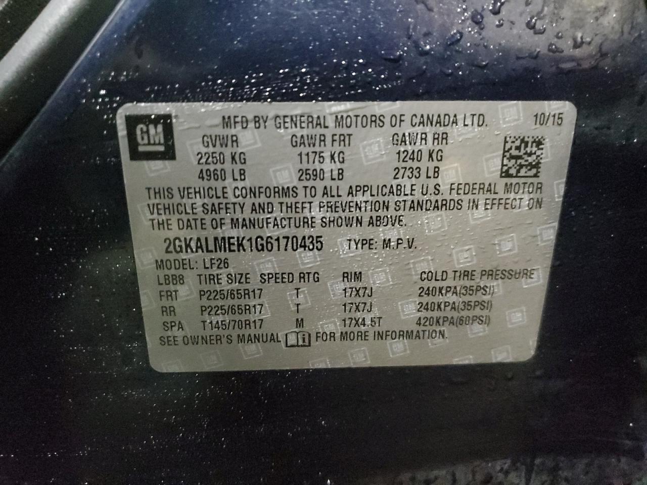 2016 GMC Terrain VIN 2GKALMEK1G6170435 Copart auction photo, front end / mechanical damage thumbnail 14