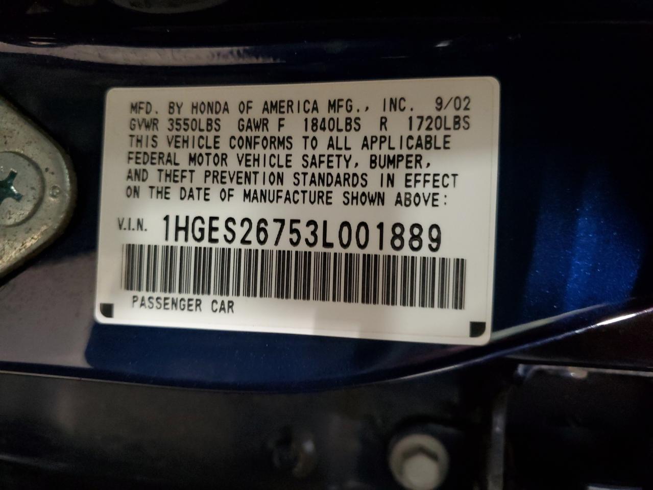 2003 Honda Civic VIN 1HGES26753L001889 Copart auction photo, normal wear / minor dent/scratches damage thumbnail 12