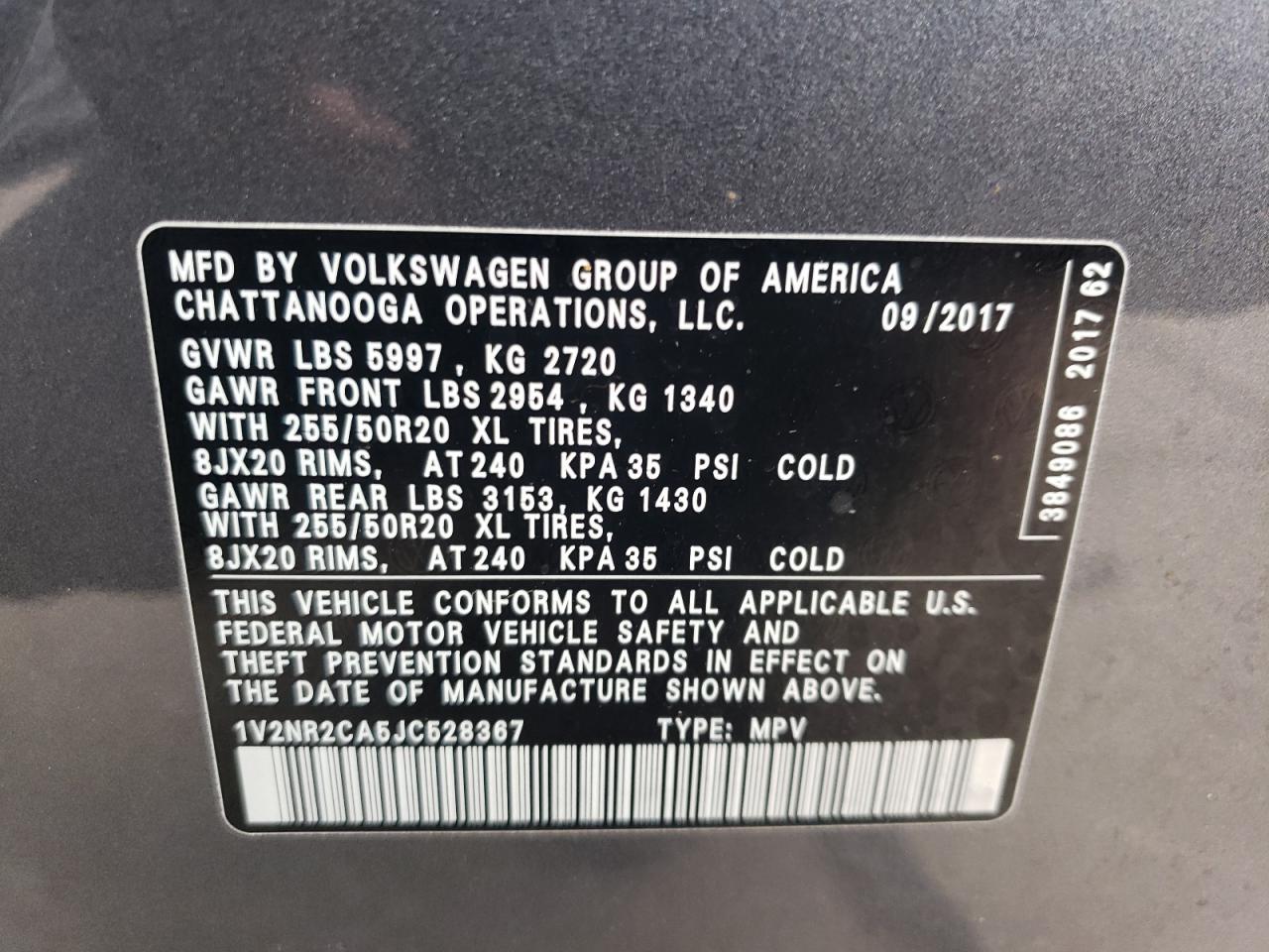 2018 Volkswagen Atlas VIN 1V2NR2CA5JC528367 Copart auction photo, side damage thumbnail 13