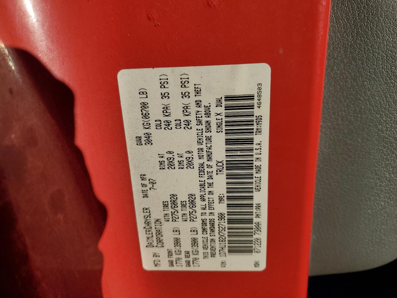 2007 Dodge RAM VIN 1D7HU182X7S271980 Copart auction photo, front end / undercarriage damage thumbnail 12