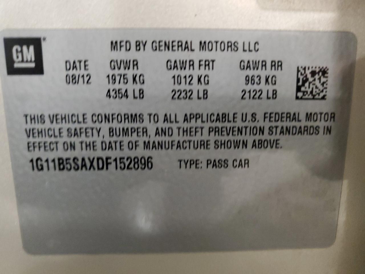 2013 Chevrolet Malibu VIN 1G11B5SAXDF152896 Copart auction photo, all over damage thumbnail 14