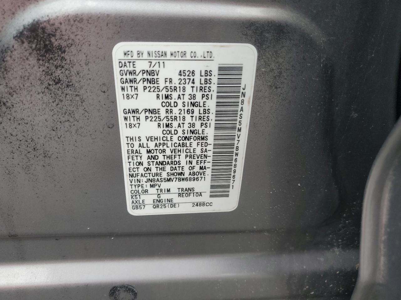 2011 Nissan Rogue VIN JN8AS5MV7BW689671 Copart auction photo, normal wear damage thumbnail 12