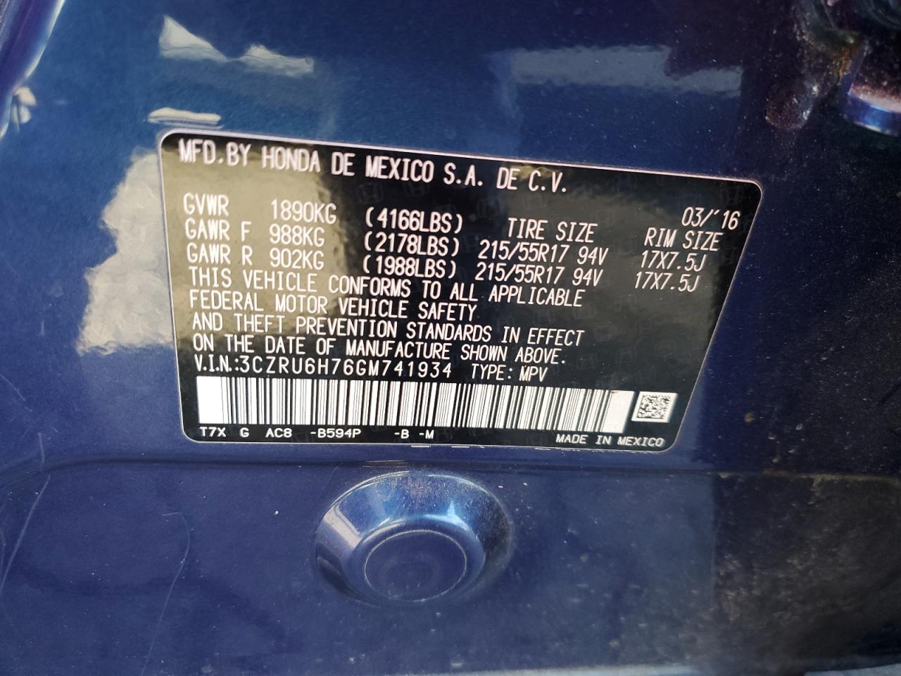 2016 Honda HR-V VIN 3CZRU6H76GM741934 Copart auction photo, rear end damage thumbnail 14