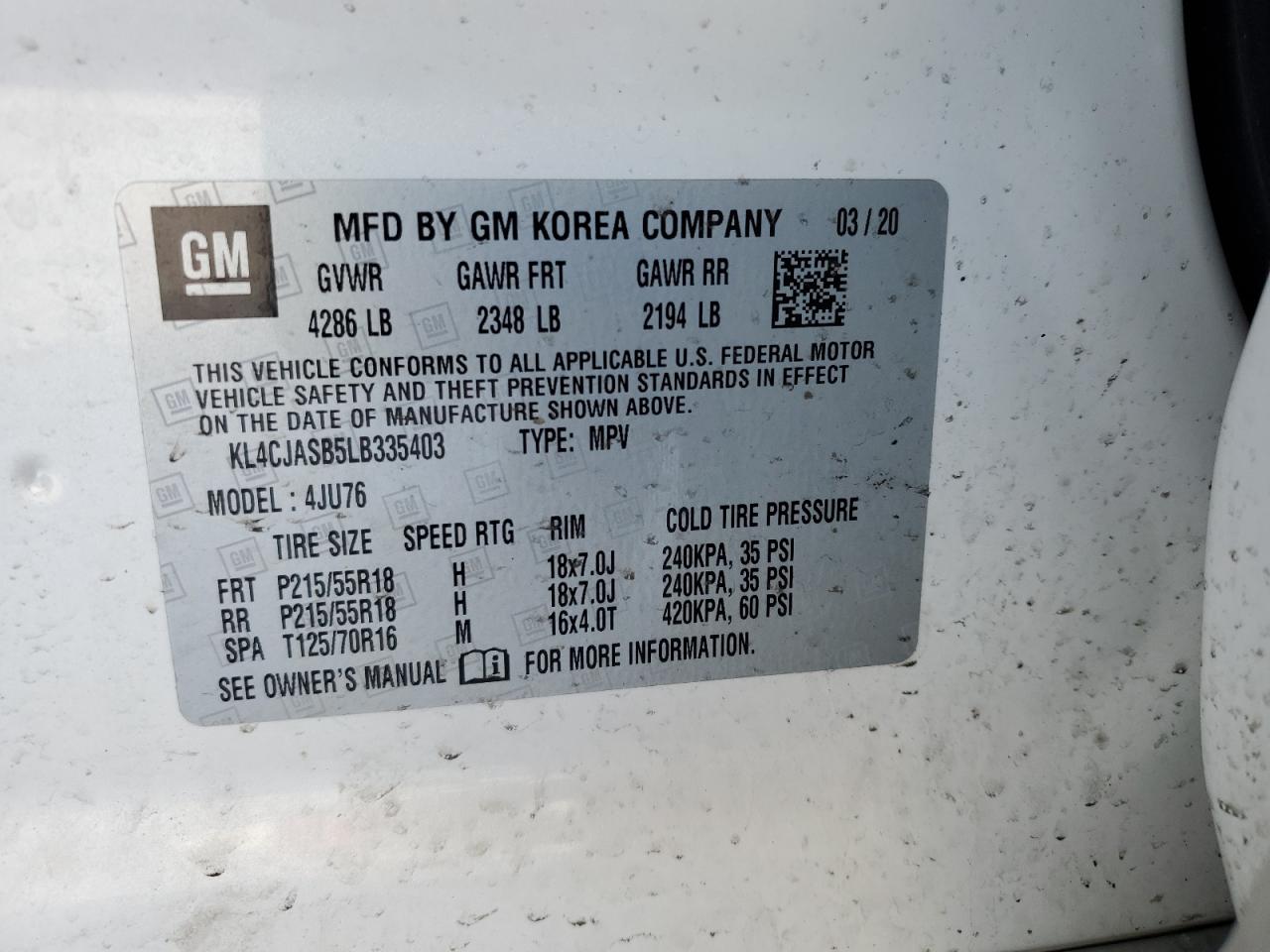 2020 Buick Encore VIN KL4CJASB5LB335403 Copart auction photo, front end / minor dent/scratches damage thumbnail 13