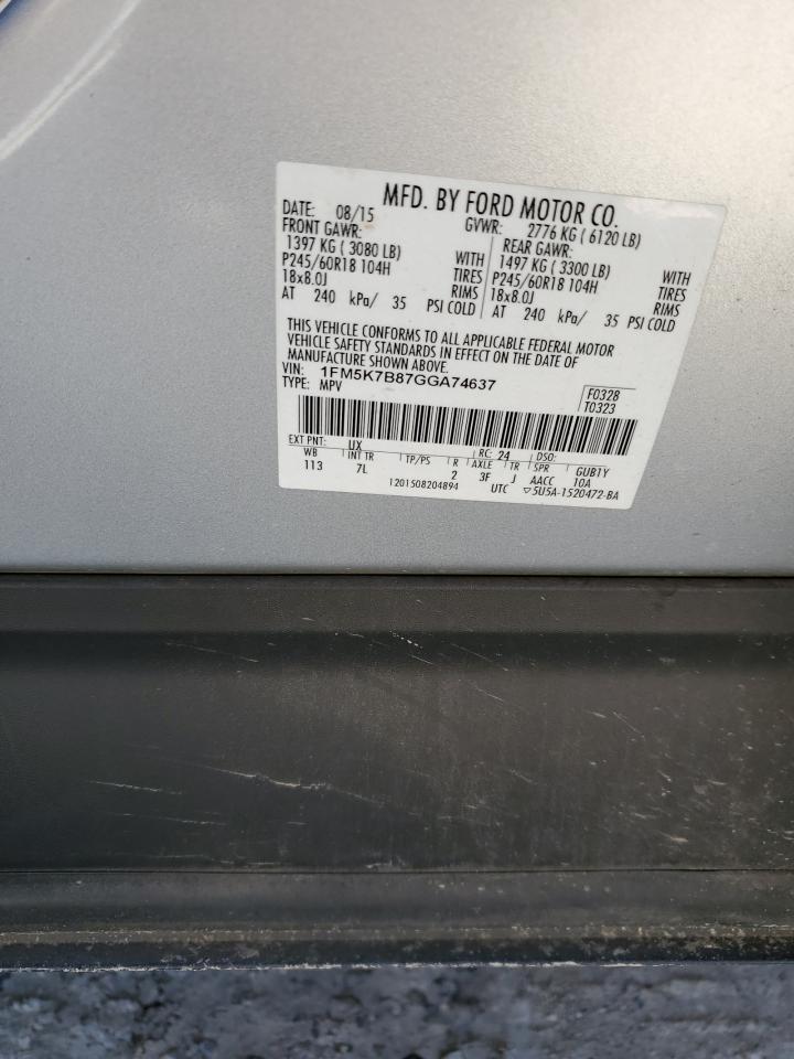 2016 Ford Explorer VIN 1FM5K7B87GGA74637 Copart auction photo, front end damage thumbnail 14