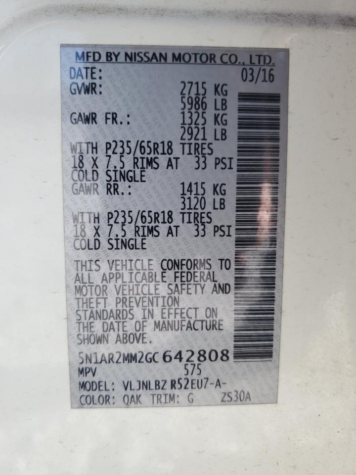 2016 Nissan Pathfinder VIN 5N1AR2MM2GC642808 Copart auction photo, front end / minor dent/scratches damage thumbnail 16