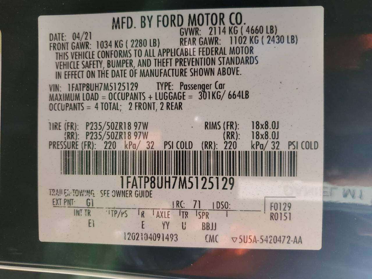 2021 Ford Mustang VIN 1FATP8UH7M5125129 Copart auction photo, side / rear end damage thumbnail 12