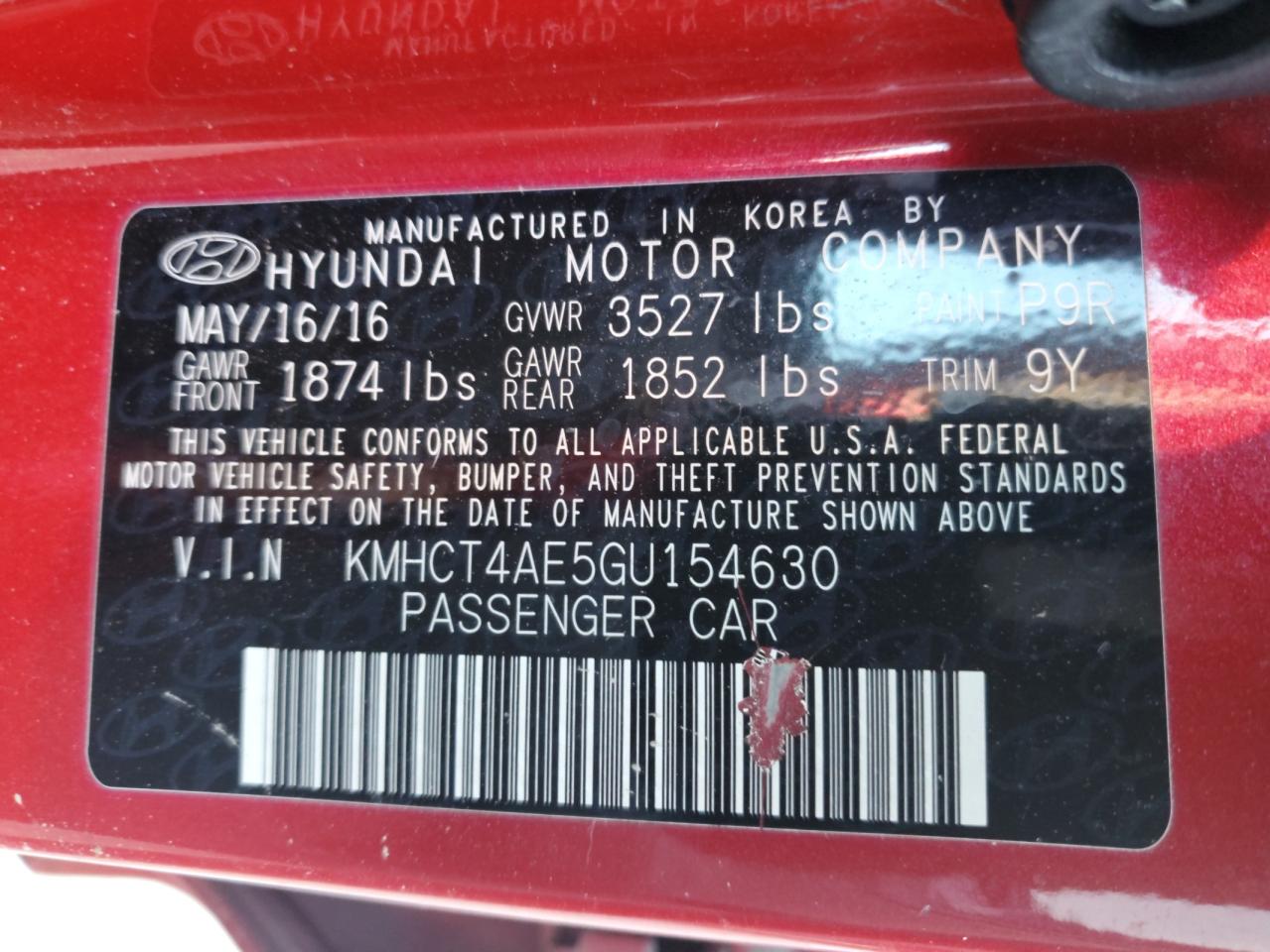 2016 Hyundai Accent VIN KMHCT4AE5GU154630 Copart auction photo, front end damage thumbnail 13