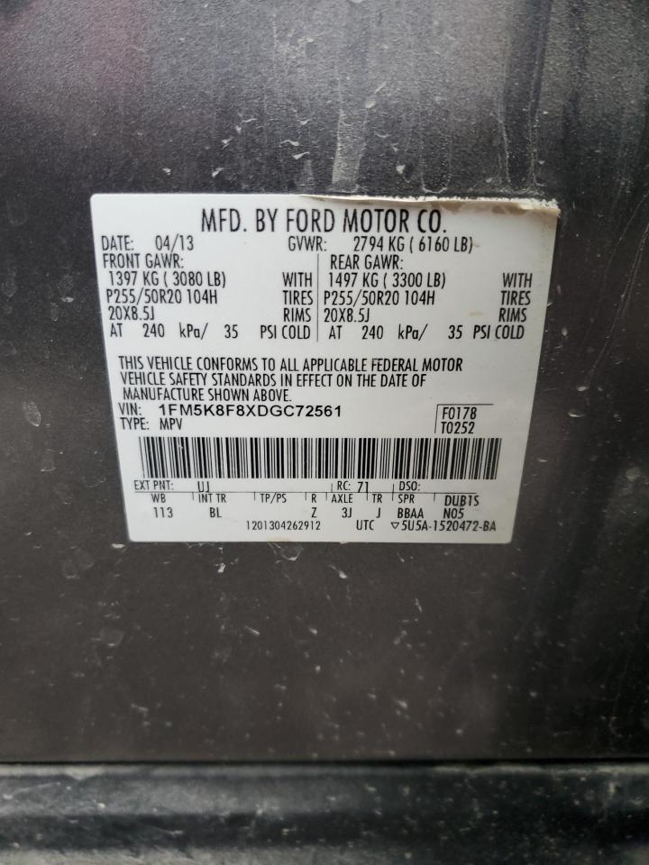2013 Ford Explorer VIN 1FM5K8F8XDGC72561 Copart auction photo, all over / side damage thumbnail 13