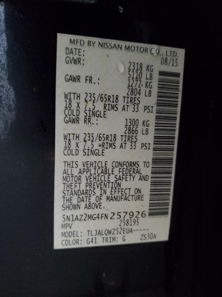 2015 Nissan Murano VIN 5N1AZ2MG4FN257926 Copart auction photo, front end / side damage thumbnail 13