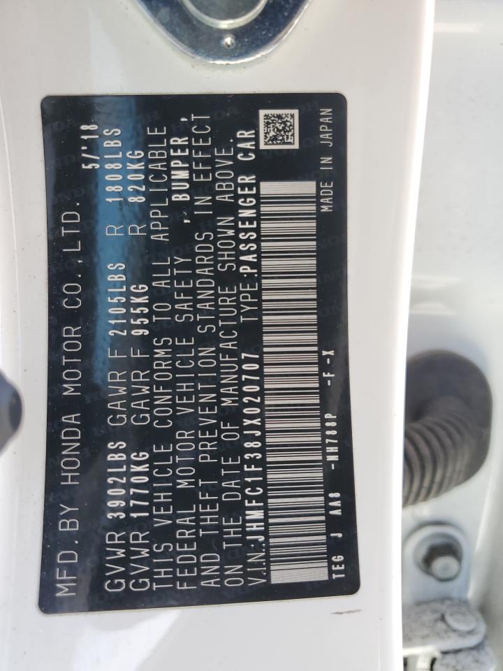 2018 Honda Civic VIN JHMFC1F38JX020707 Copart auction photo, rear end damage thumbnail 13