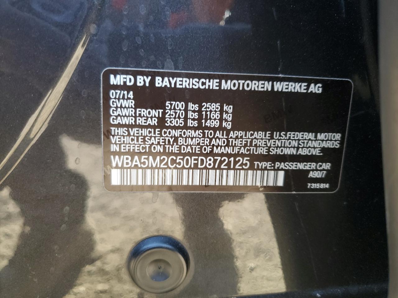 2015 BMW 5er VIN WBA5M2C50FD872125 Copart auction photo, front end / minor dent/scratches damage thumbnail 12