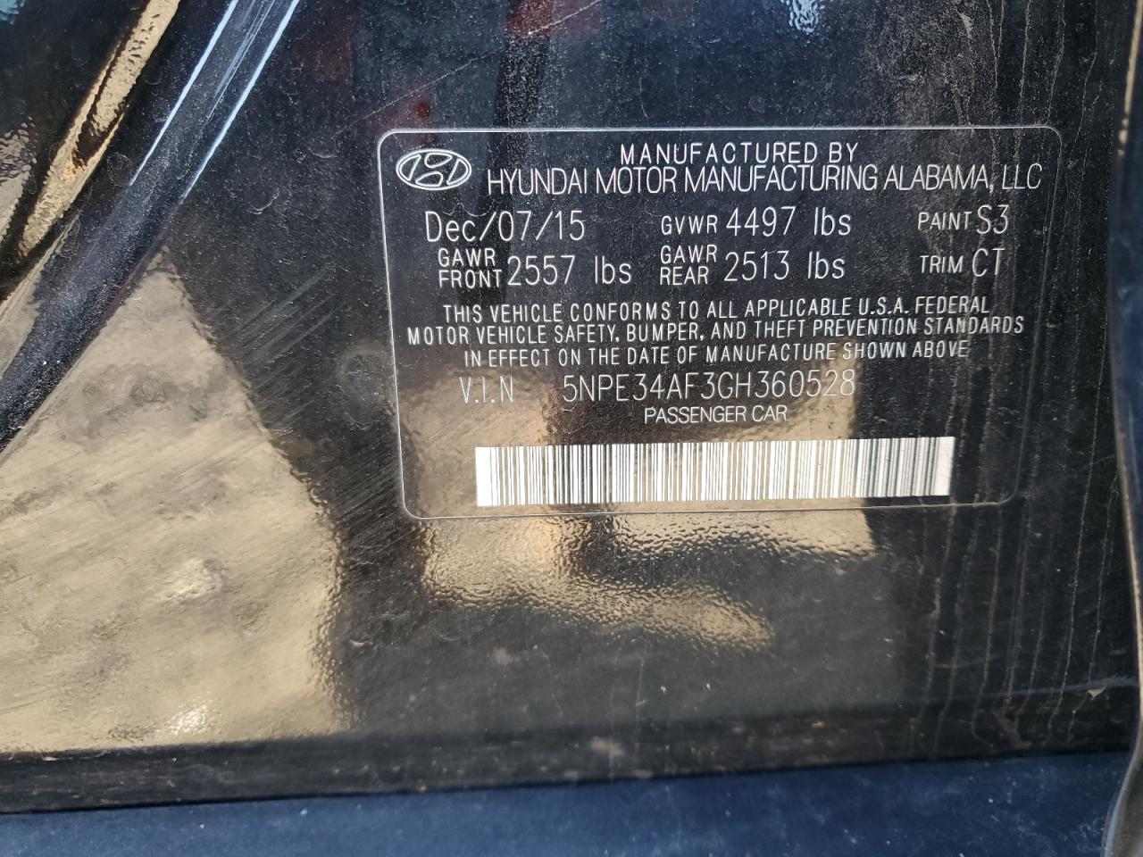 2016 Hyundai Sonata VIN 5NPE34AF3GH360528 Copart auction photo, front end / side damage thumbnail 15