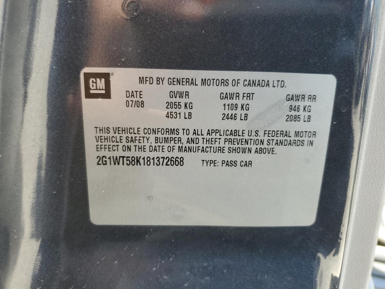 2008 Chevrolet Impala VIN 2G1WT58K181372668 Copart auction photo, hail damage thumbnail 12