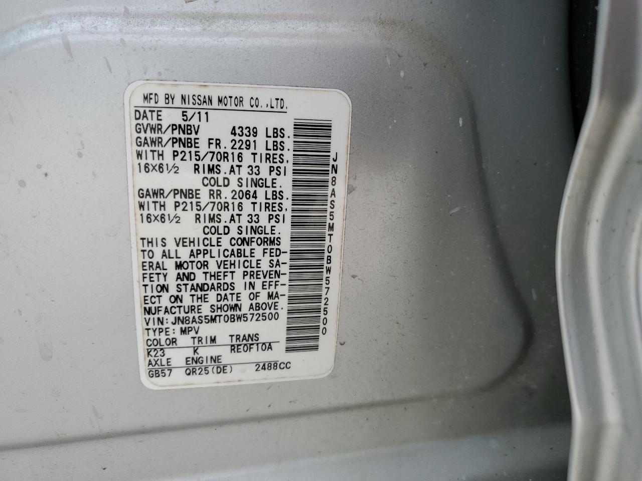 2011 Nissan Rogue VIN JN8AS5MT0BW572500 Copart auction photo, front end / minor dent/scratches damage thumbnail 16