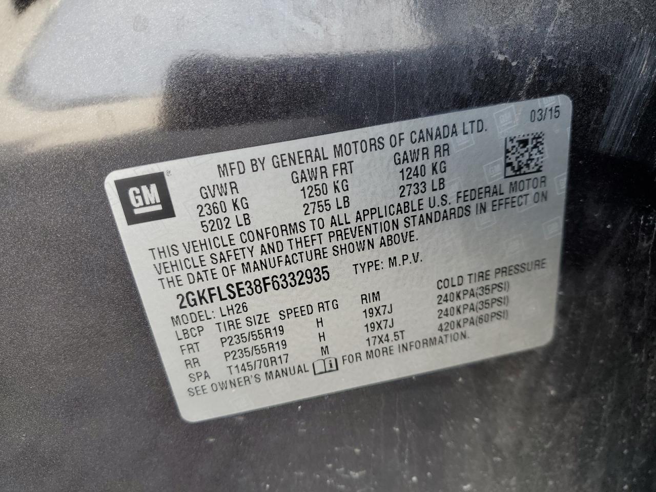 2015 GMC Terrain VIN 2GKFLSE38F6332935 Copart auction photo, rear end damage thumbnail 15