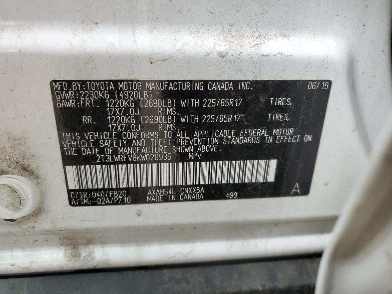 2019 Toyota RAV 4 VIN 2T3LWRFV8KW020935 Copart auction photo, front end / side damage thumbnail 14