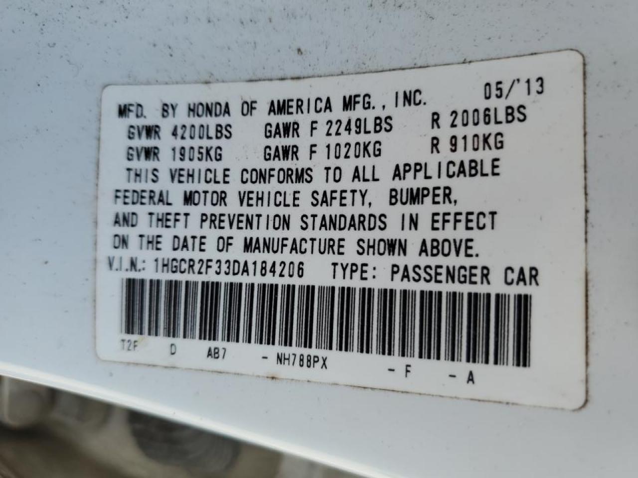 2013 Honda Accord VIN 1HGCR2F33DA184206 Copart auction photo, all over damage thumbnail 13