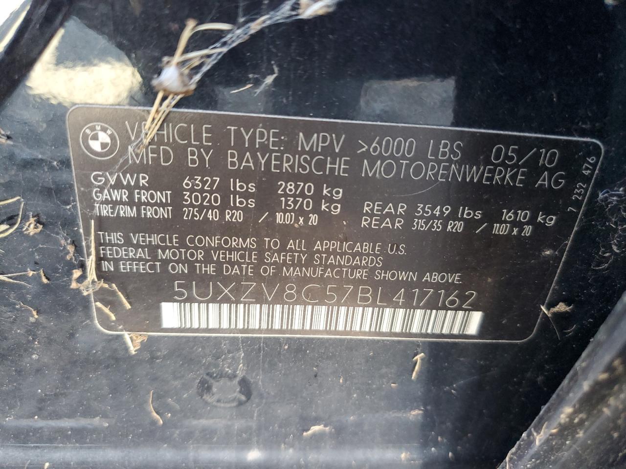 2011 BMW X5 VIN 5UXZV8C57BL417162 Copart auction photo, minor dent/scratches damage thumbnail 13
