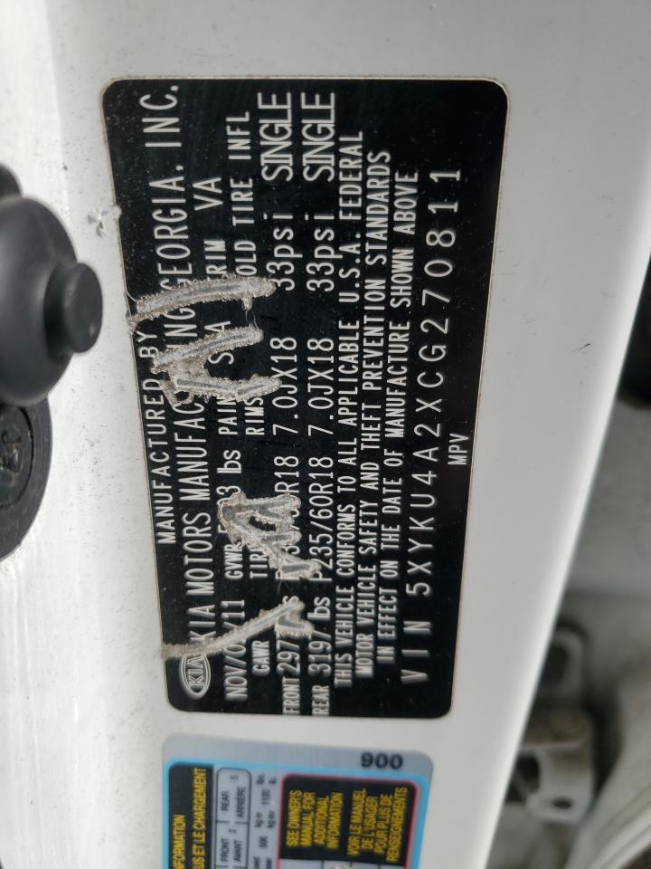 2012 KIA Sorento VIN 5XYKU4A2XCG270811 Copart auction photo, rear end damage thumbnail 13
