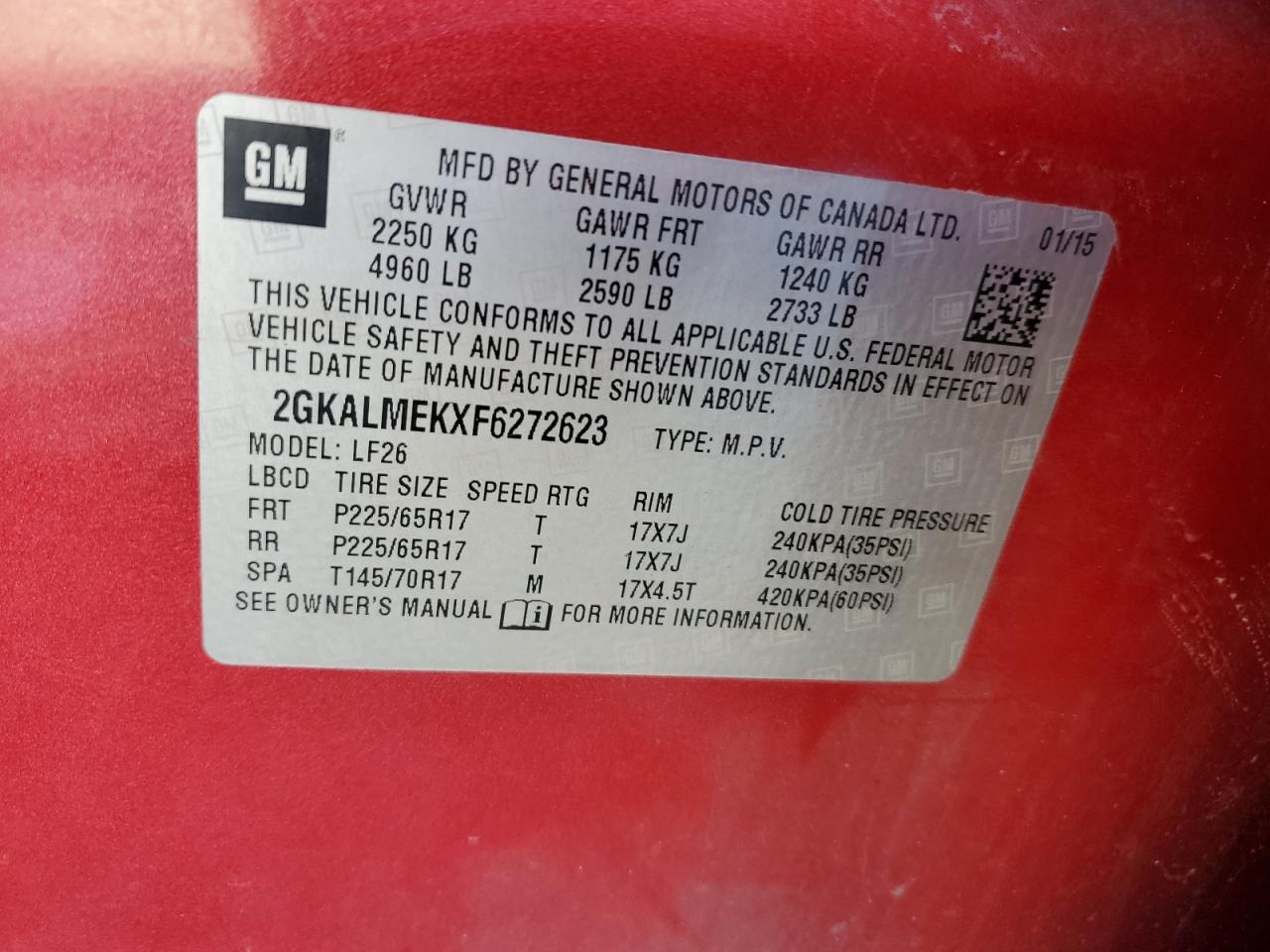 2015 GMC Terrain VIN 2GKALMEKXF6272623 Copart auction photo, mechanical damage thumbnail 13